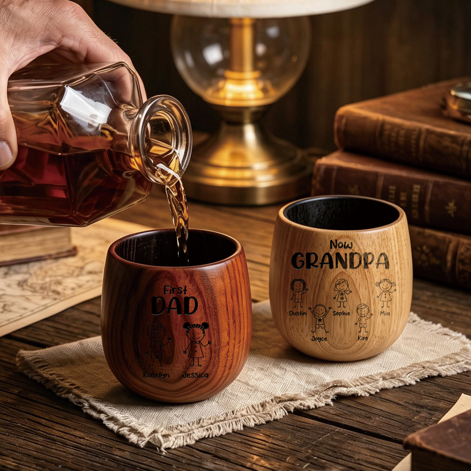 Personalized Wooden Whisky Cup for Dad or Grandpa Custom with 2-16 Children and Names