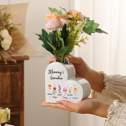 Personalized Heart Shaped Ceramic Vase Grandma’S Garden Custom With 1–12 Birth Flowers And Names