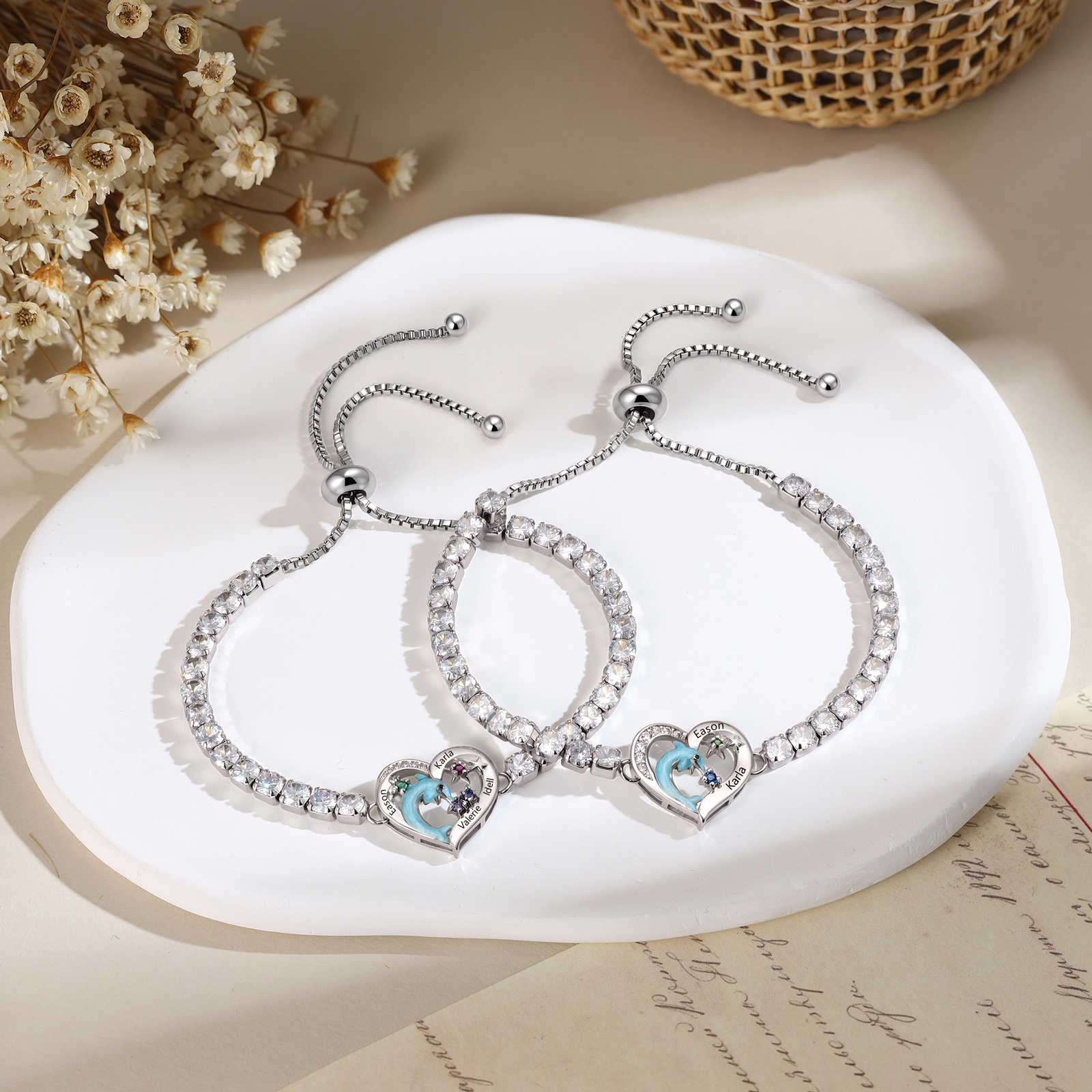 Personalized Dolphin Heart Bracelet with 2–5 Names & Birthstones for Women