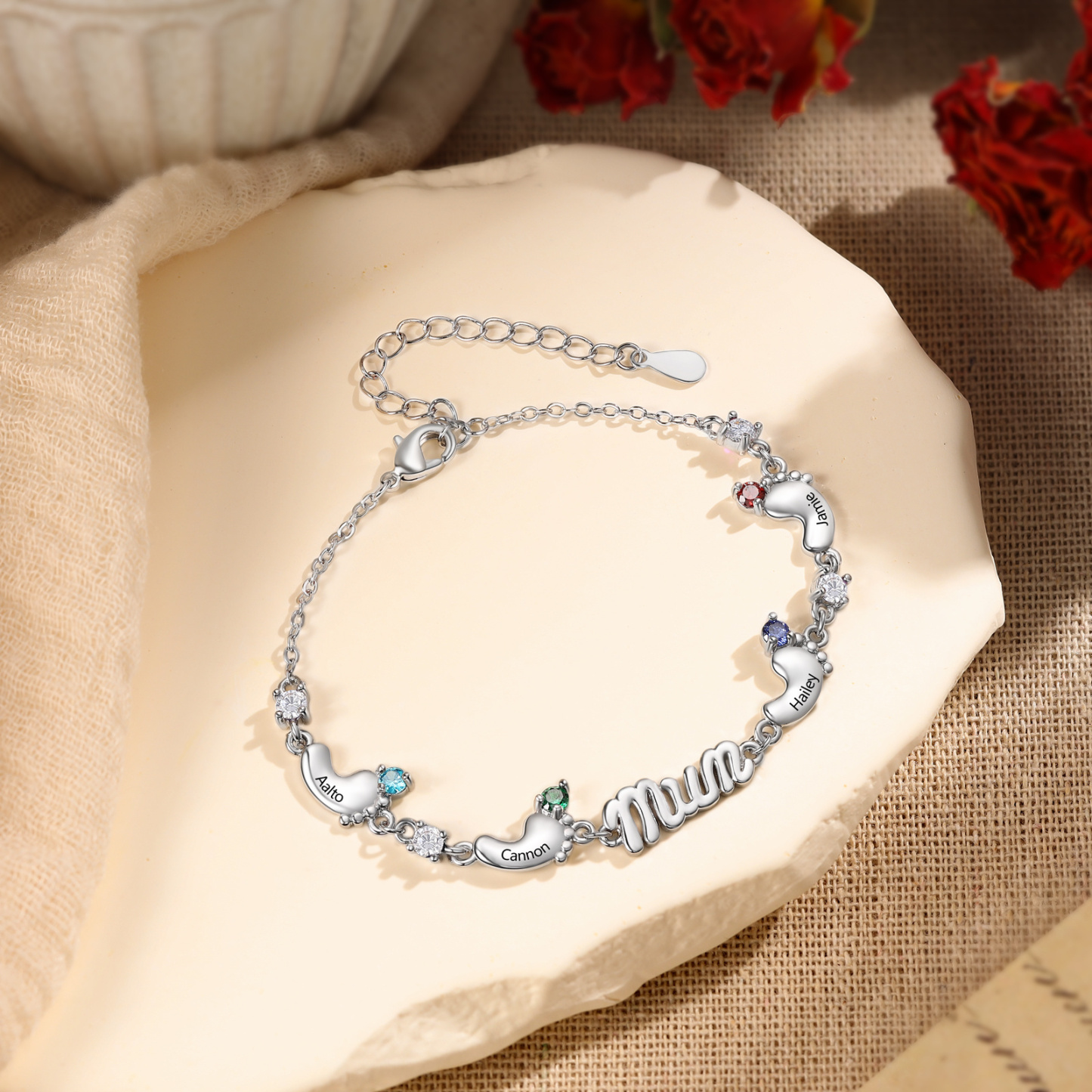 Personalized Mom Bracelet with 2–5 Baby Feet Names and Birthstones