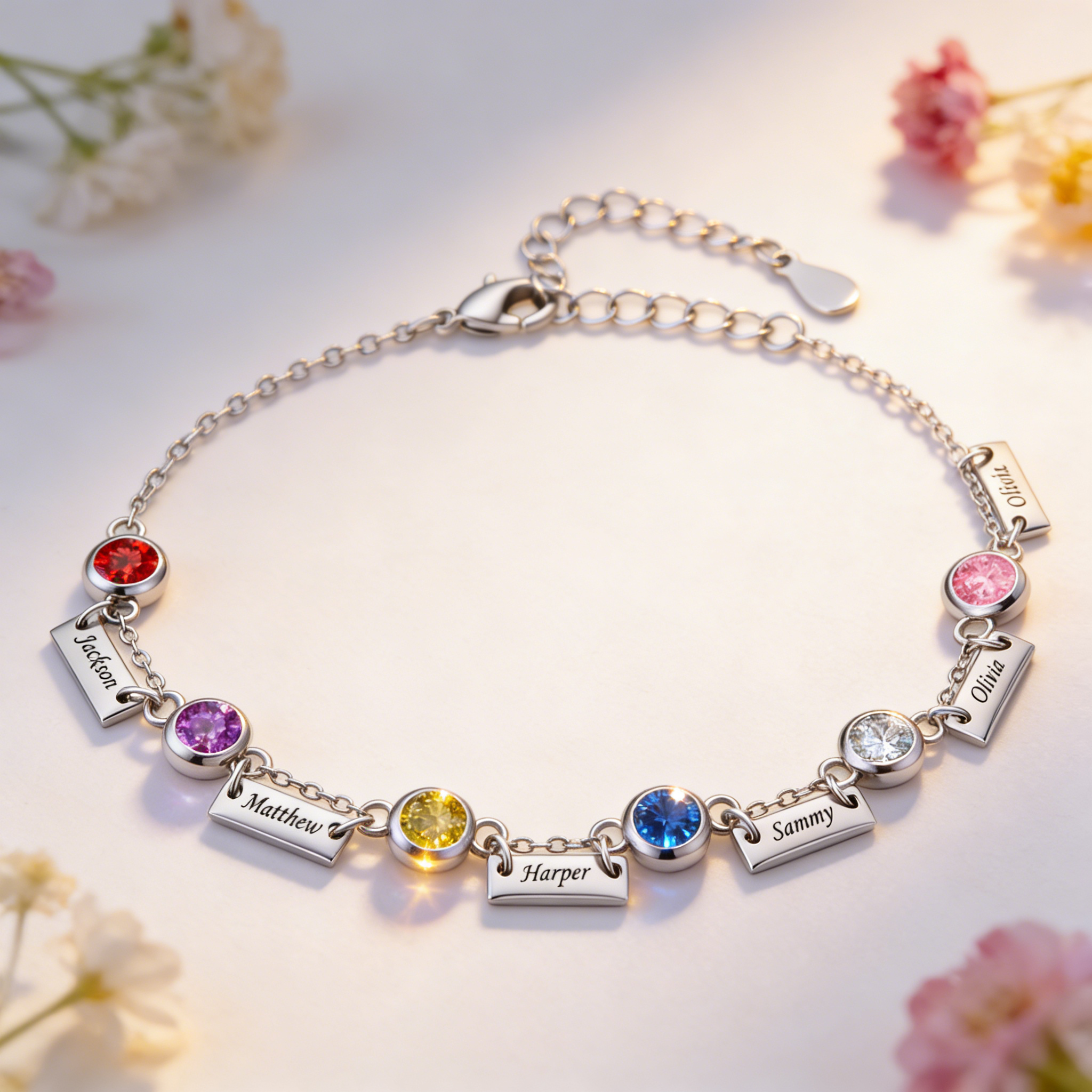 Personalized Birthstones Bracelet Custom With 1 To 6 Names And Stones Unique Jewelry For Women