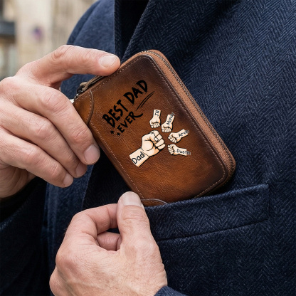 Personalized Genuine Leather Card Holder Custom with 1–6 Names and Fists Zippered Wallet for the Best Dad Grandpa