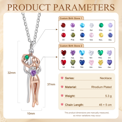 Couple Hug Birthstone Necklace, Two-Tone Heart Pendant for Women