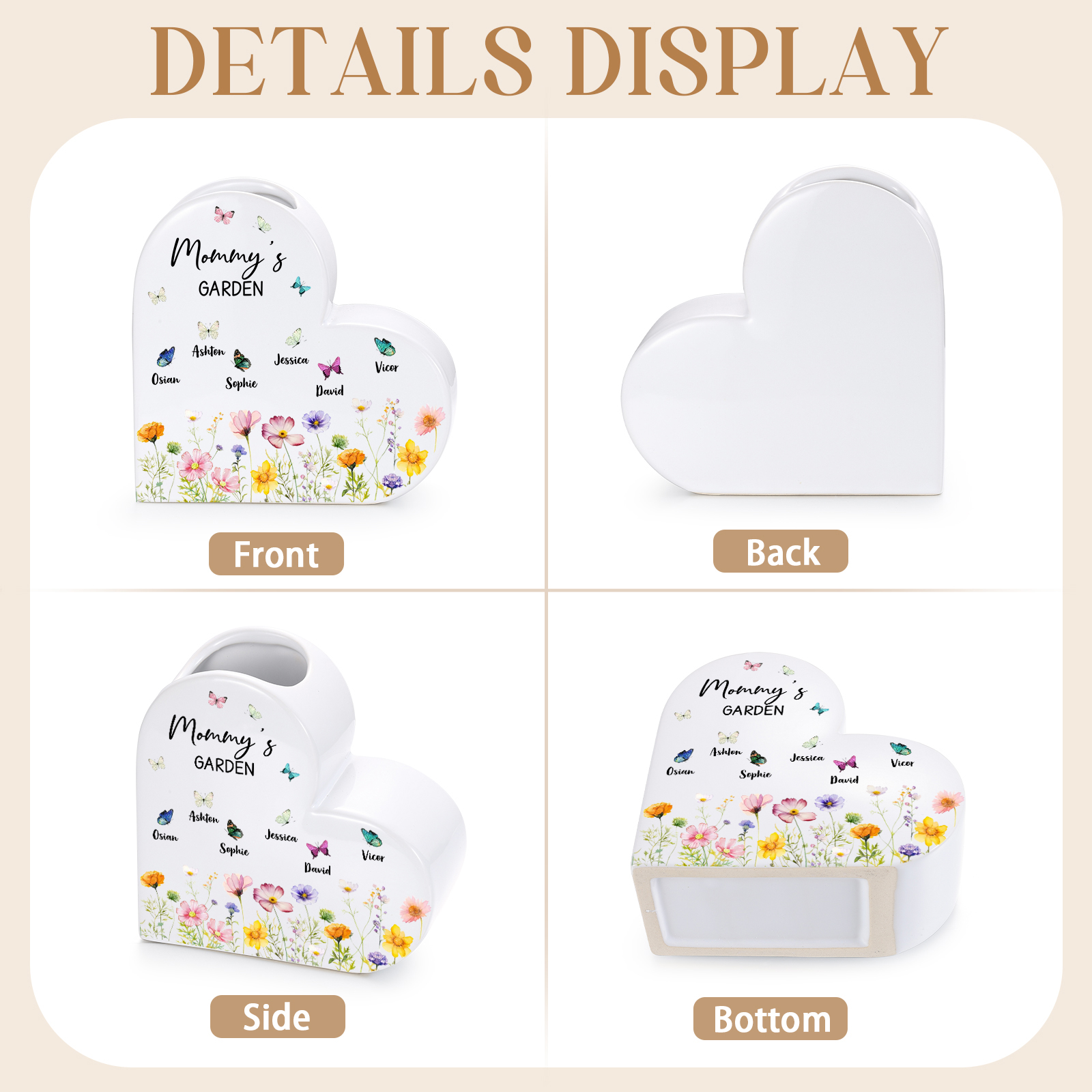 Personalized Heart Shaped Ceramic Vase with Floral and Butterfly Design Customized with 1–10 Names