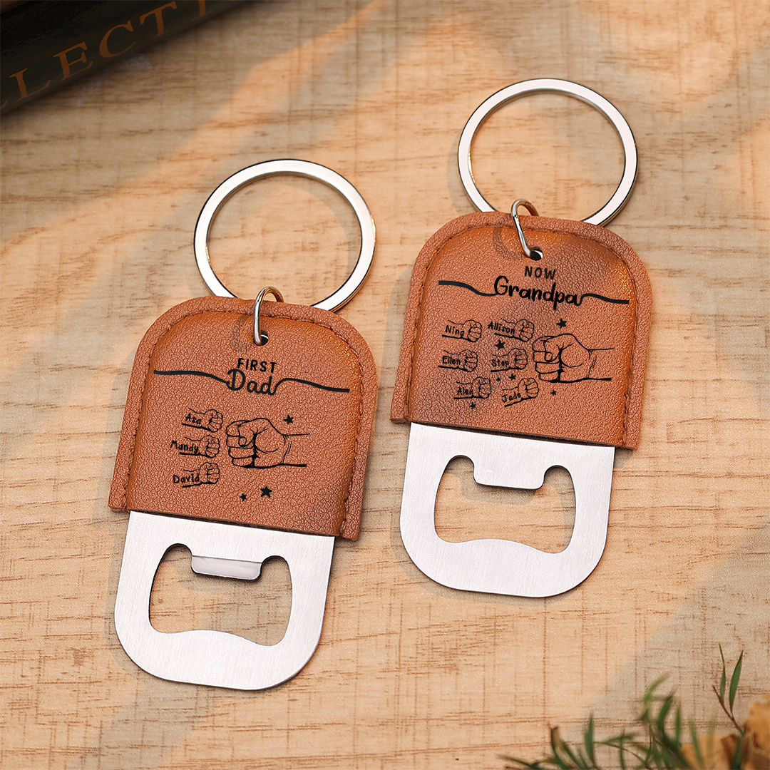 Personalized Leather Keychain with Bottle Opener Custom with 2 to 12 Names and Fist Design – Father’s Day Gift for Dad and Grandpa | Jessemade