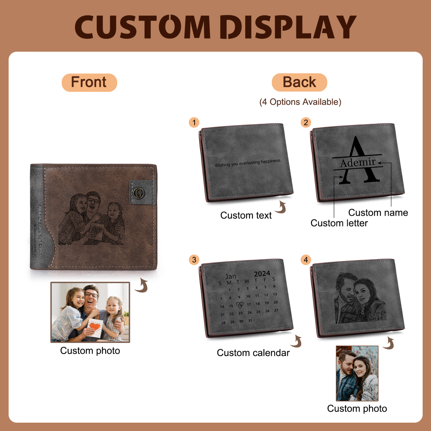 Personalized Men’s Leather Bifold Wallet with Engraved photo Custom Initials and Name