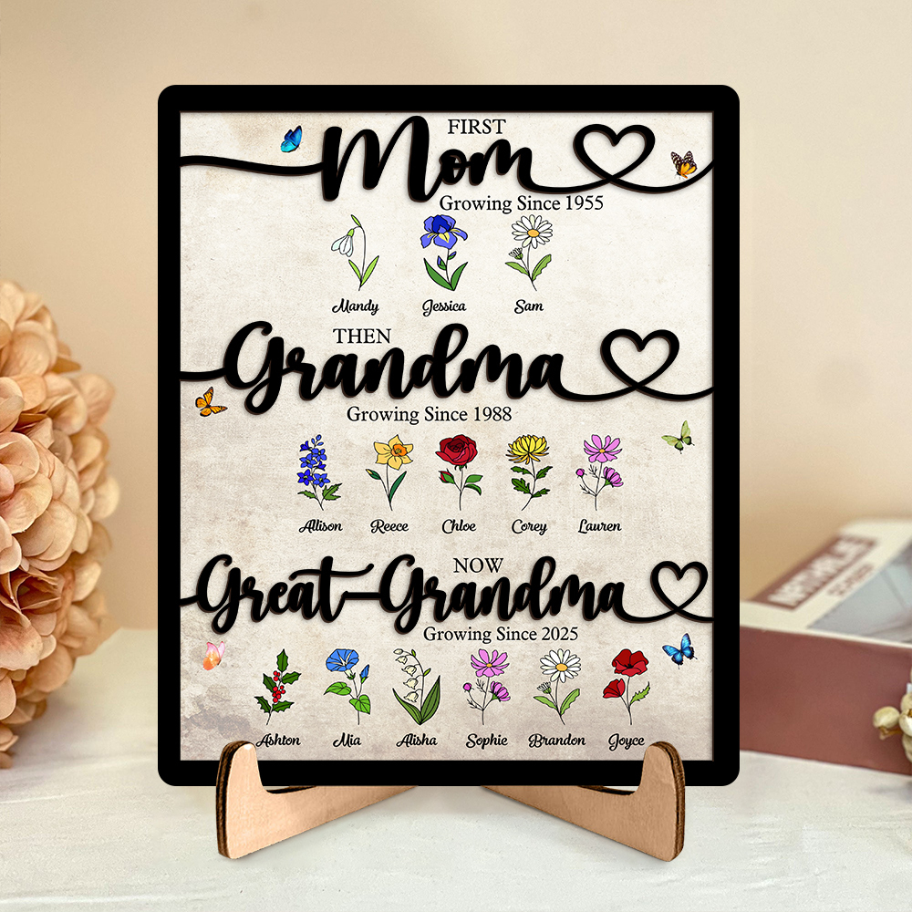 Personalized Family Wooden Plaque “First Mom, then Grandma, now Great-Grandma” Wooden Sign with Floral Design