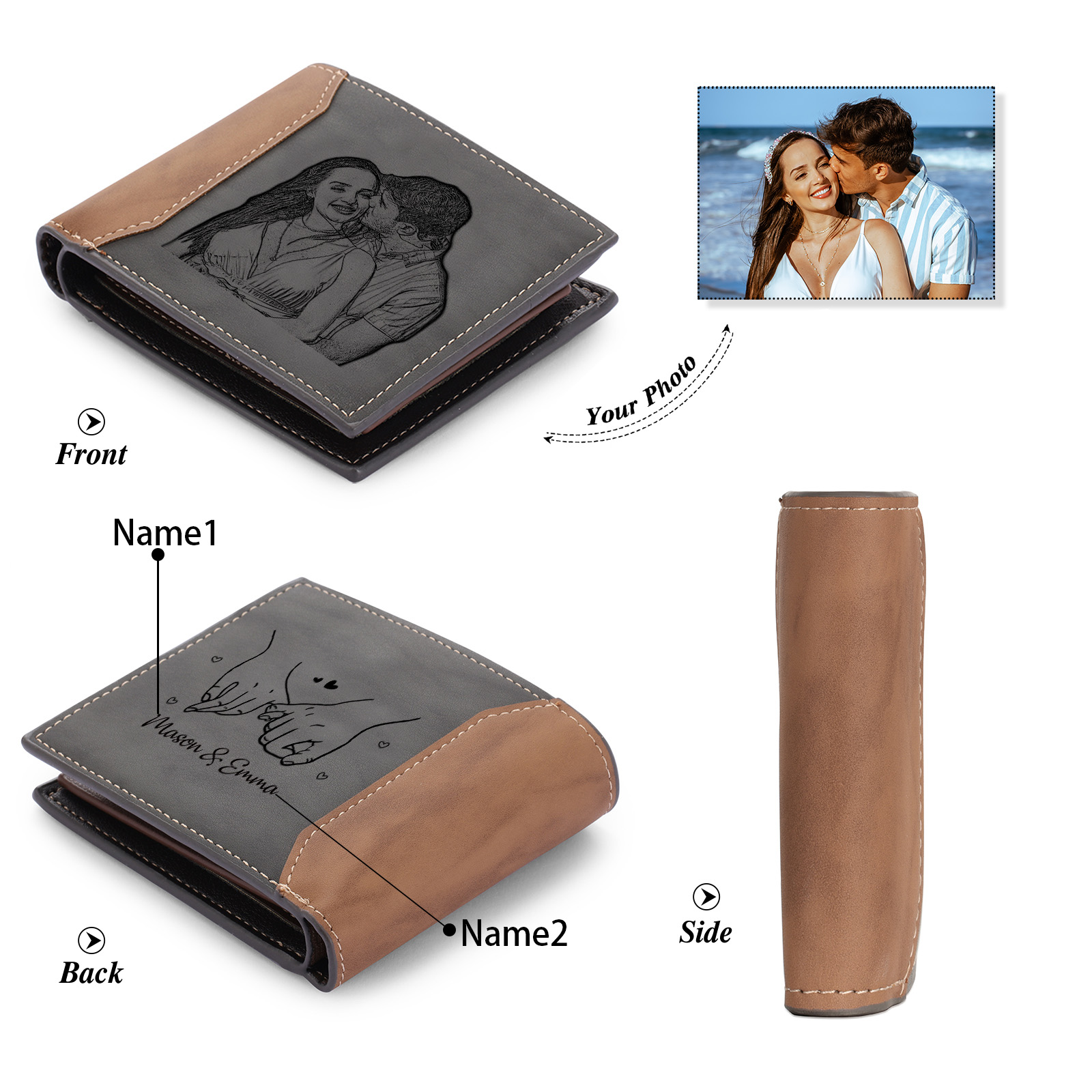 Personalized Photo Leather Wallet for Men with Engraving 2 Names Couple Pinky Promise