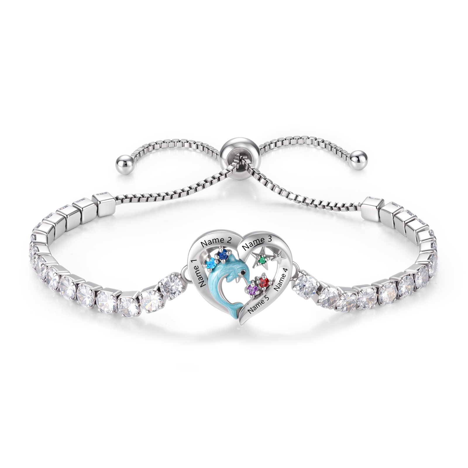 Personalized Dolphin Heart Bracelet with 2–5 Names & Birthstones for Women