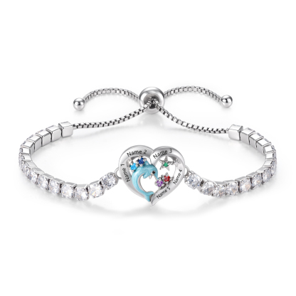 Personalized Dolphin Heart Bracelet with 2–5 Names & Birthstones for Women