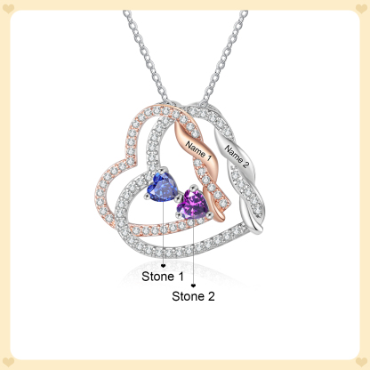 Personalized Heart-to-Heart Birthstone Necklace with Names – Custom Diamond Pendant Gift | Jessemade