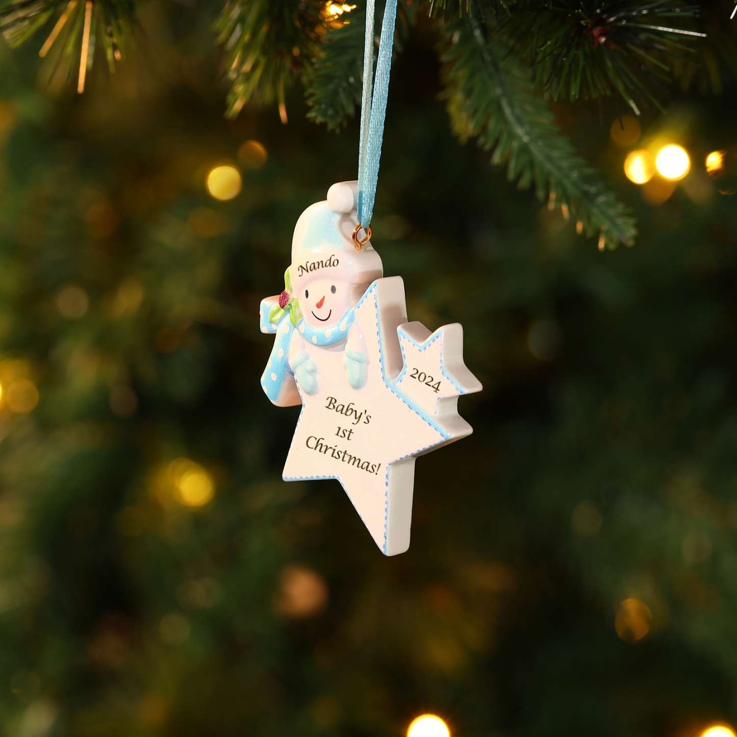 Custom Baby's First Christmas Snowman Star Ornament