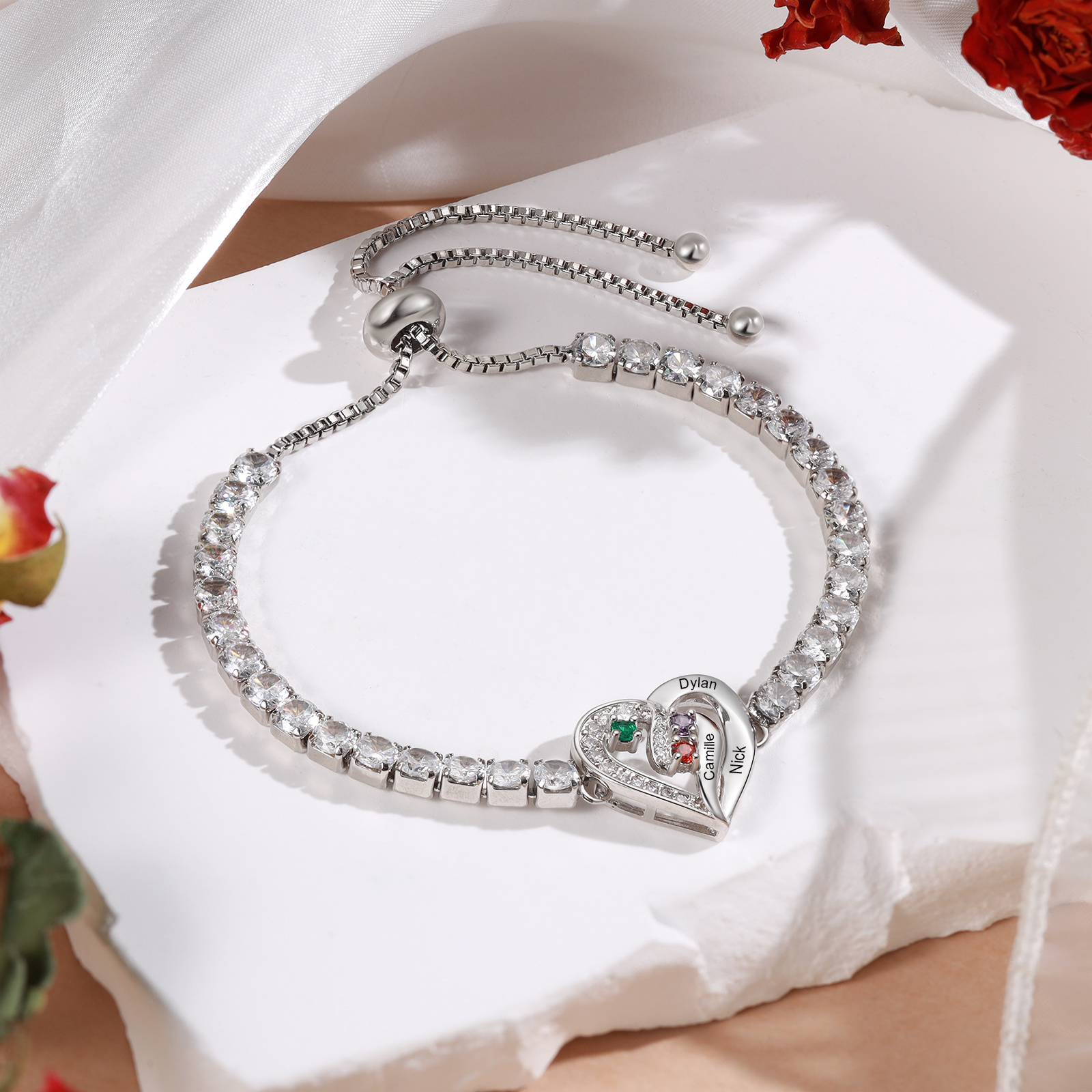 Personalized Diamond Heart Birthstone Tennis Bracelet with 2–5 Custom Names