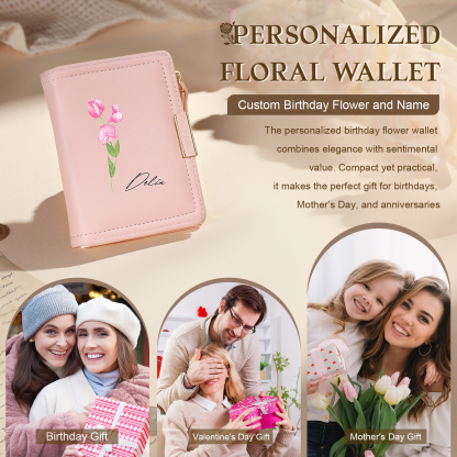 Personalized Women’s Leather Wallet Custom With Name And Birth Flower