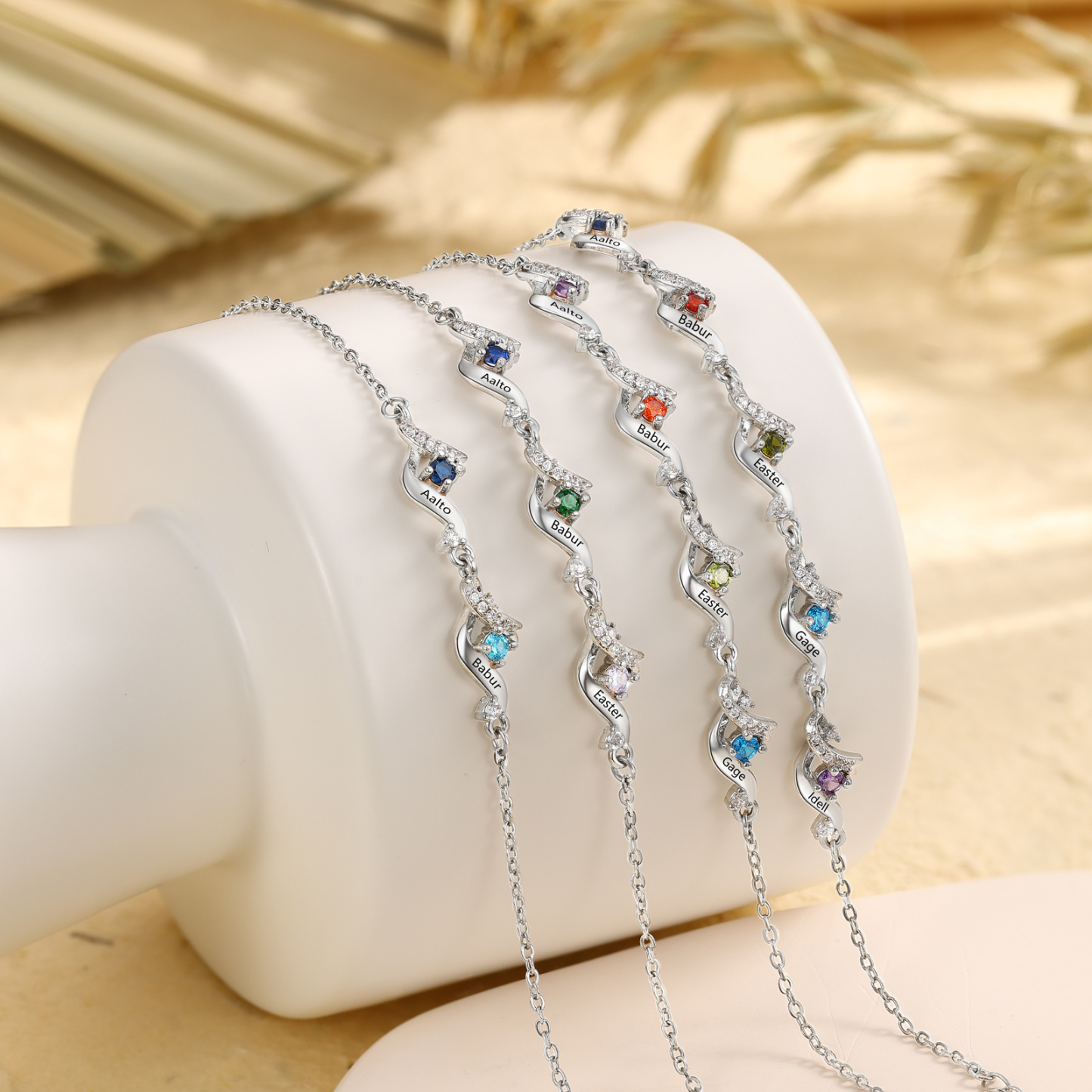 Personalized Ribbon Bracelet Custom with 2–5 Birthstone and Name for Women