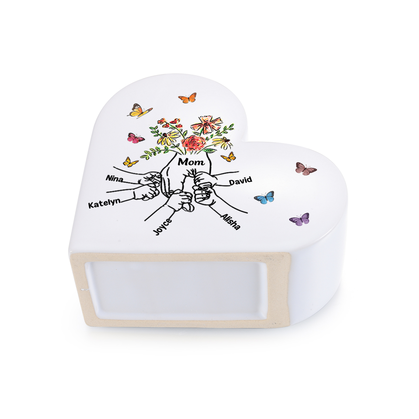 Personalized Ceramic Heart Vase Holding Hand Custom With 2–8 Names Gift For Mom Or Grandma