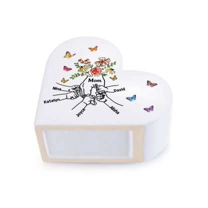 Personalized Ceramic Heart Vase Holding Hand Custom With 2–8 Names Gift For Mom Or Grandma