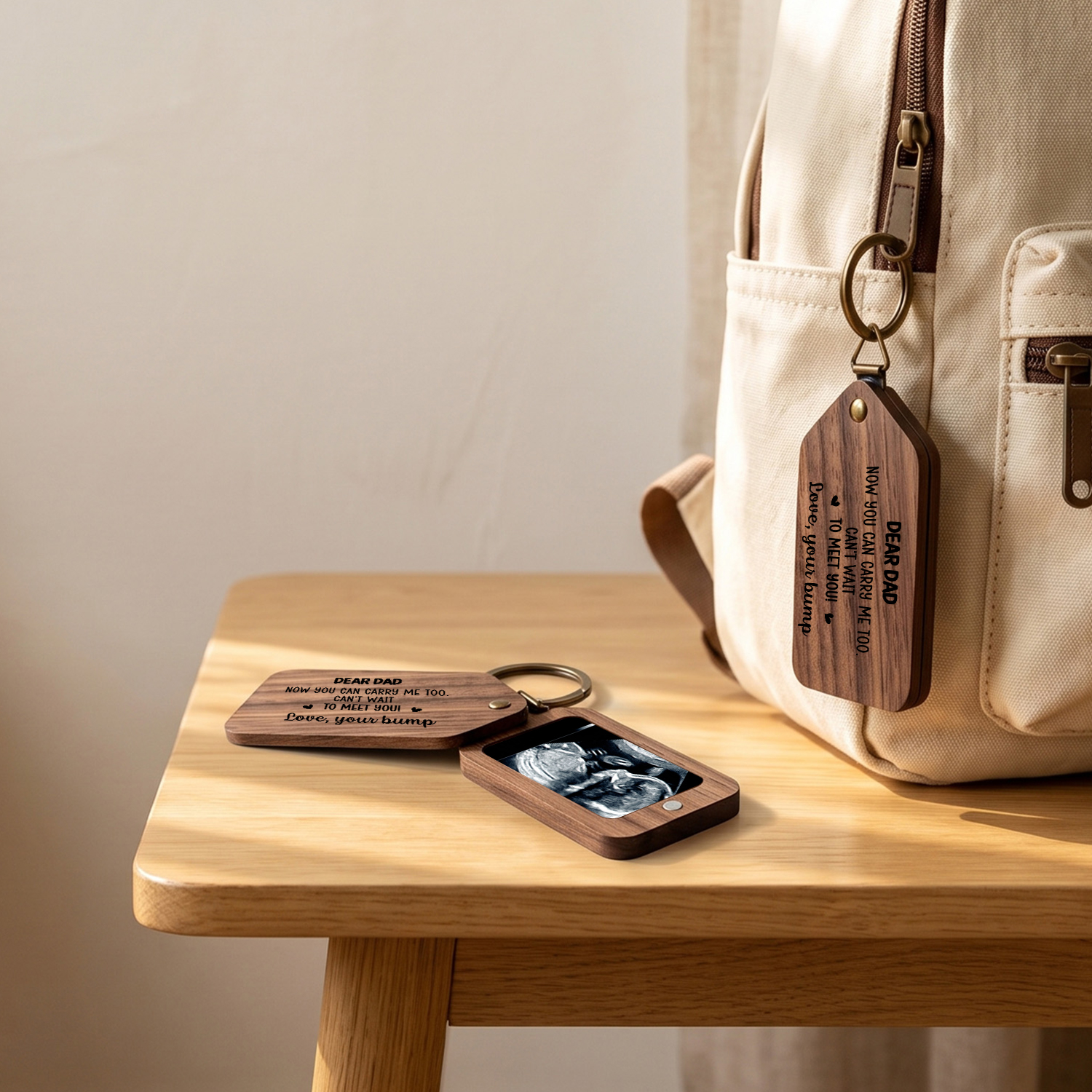 Personalized Wooden Photo Keychain for New Dad Mom