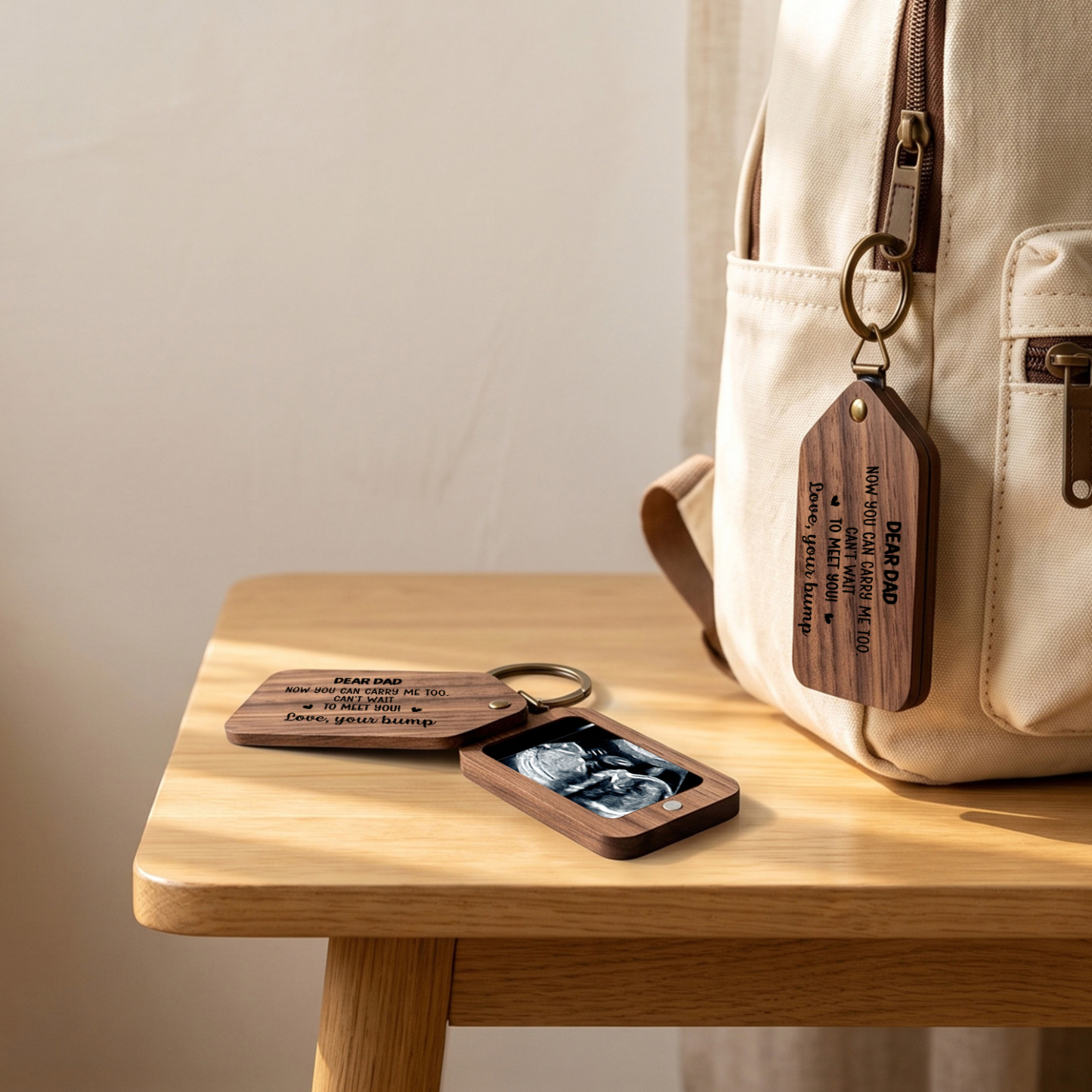 Personalized Wooden Photo Keychain for New Dad Mom