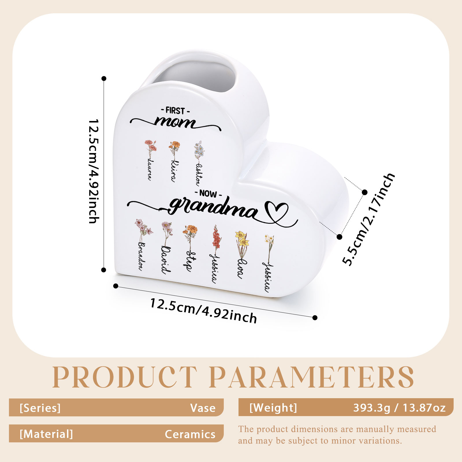 Personalized Ceramic Heart Vase with 2–12 Birthflowers and Names