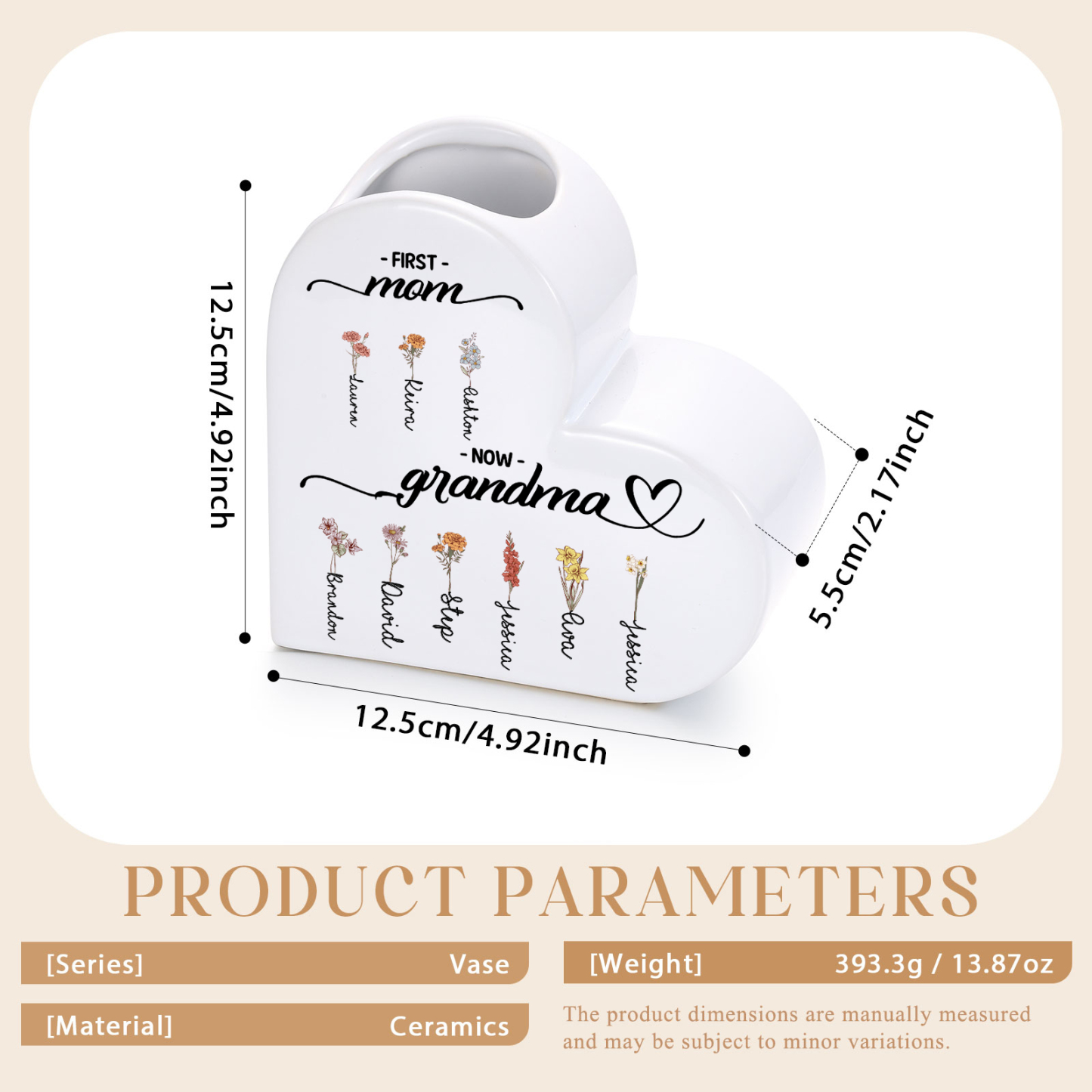 Personalized Ceramic Heart Vase with 2–12 Birthflowers and Names