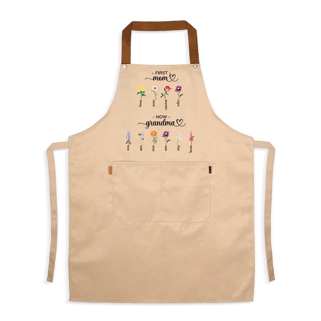Personalized Apron “First Mom, Now Grandma” Custom with 2-16 Names and Birth Flowers