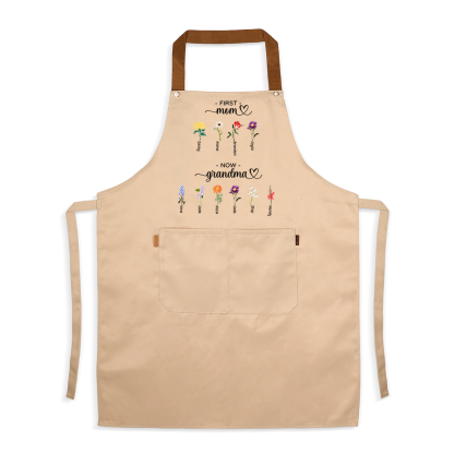 Personalized Apron “First Mom, Now Grandma” Custom with 2-16 Names and Birth Flowers