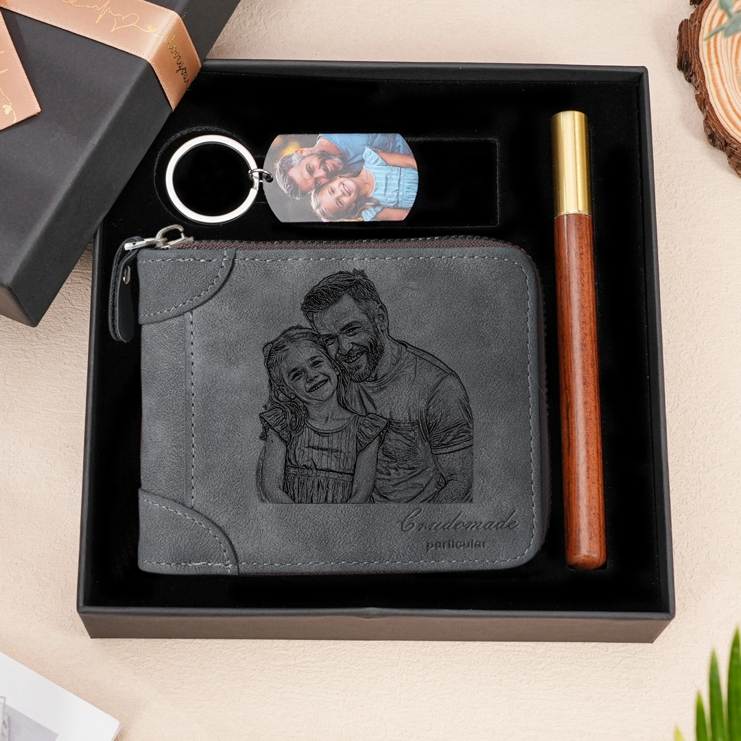 Personalized Men's Wallet & Keychain &Pen Set – Custom Photo, Name & Text – Exclusive Gift for Dad | Jessemade