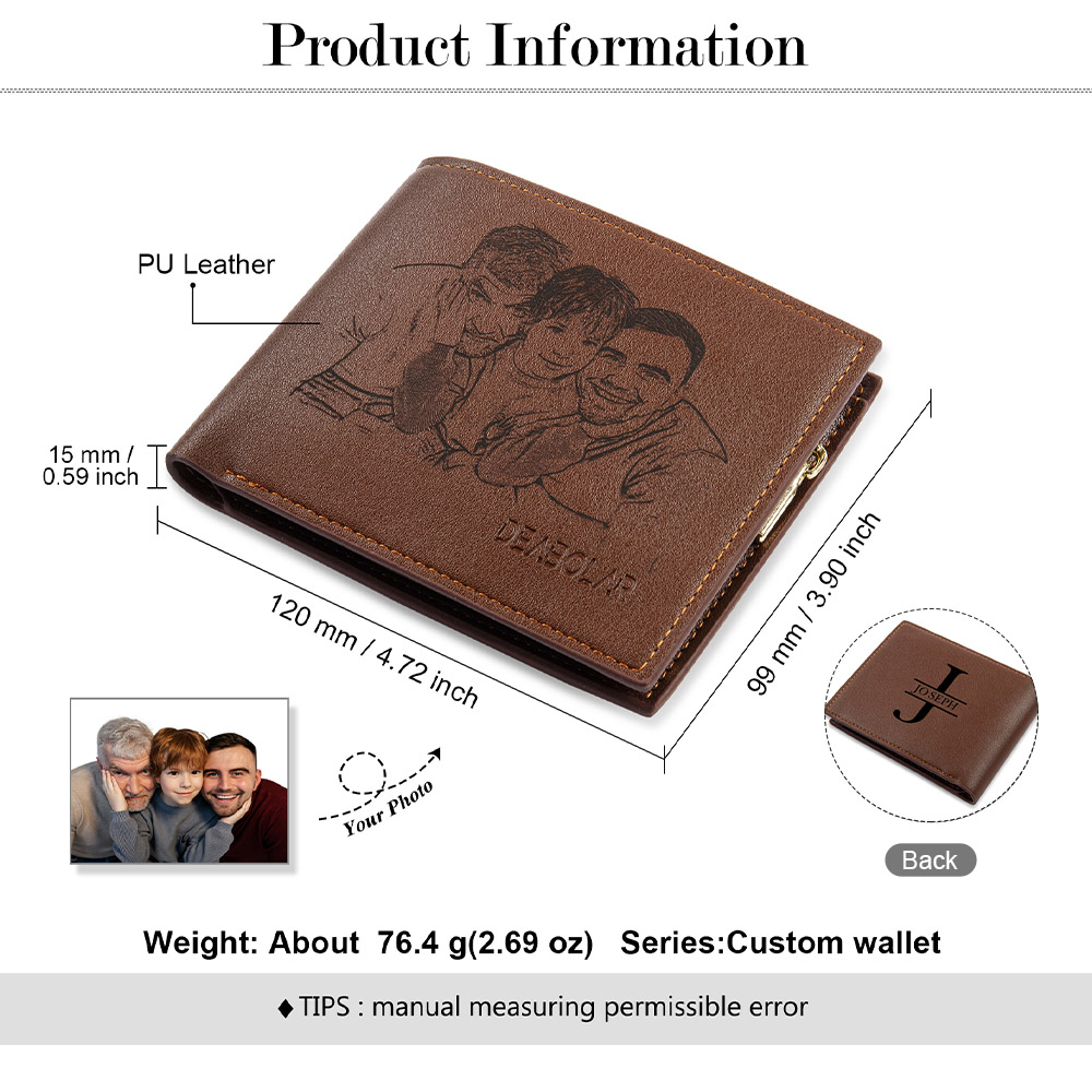 Personalized Photo Leather Men's Wallet Customized Name Letters Folding Brown Wallet Gift for Grandpa