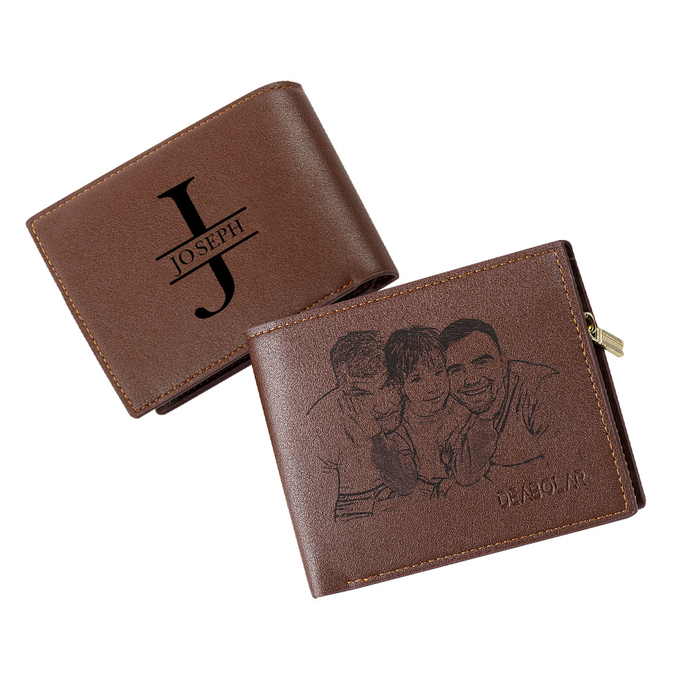 Personalized Photo Leather Men's Wallet Customized Name Letters Folding Brown Wallet Gift for Grandpa