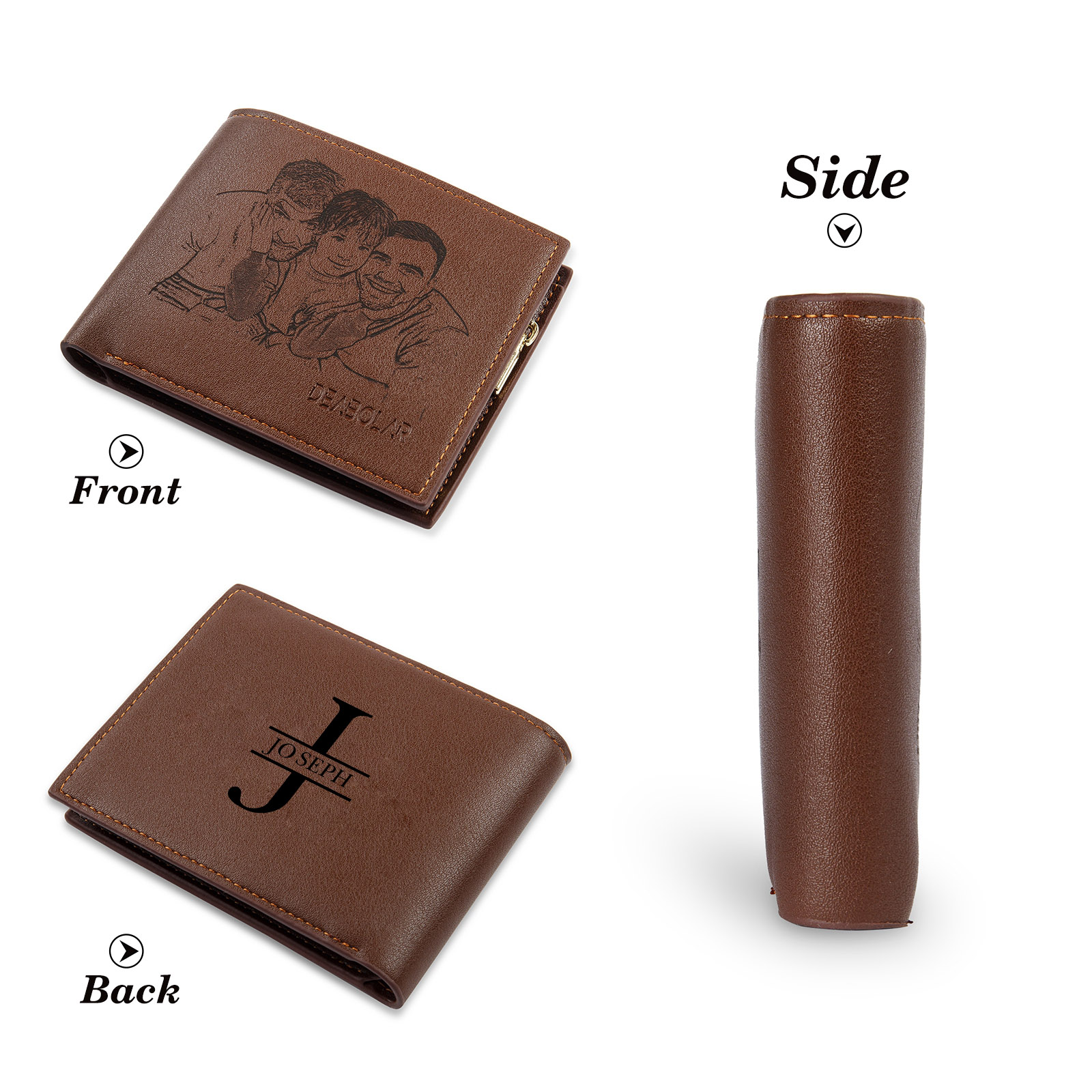Personalized Photo Leather Men's Wallet Customized Name Letters Folding Brown Wallet Gift for Grandpa