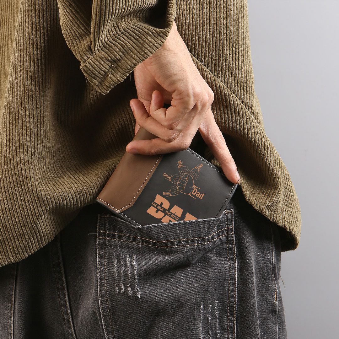 Personalized Dad Wallet Leather Men Wallet Custom with 2-9 Names and Fist Bumps Father’s Day Gift