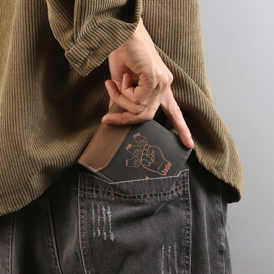 2-9 Names-Personalized Leather Men Wallet Engraved Fist Bump Folding Wallet Gift For Dad