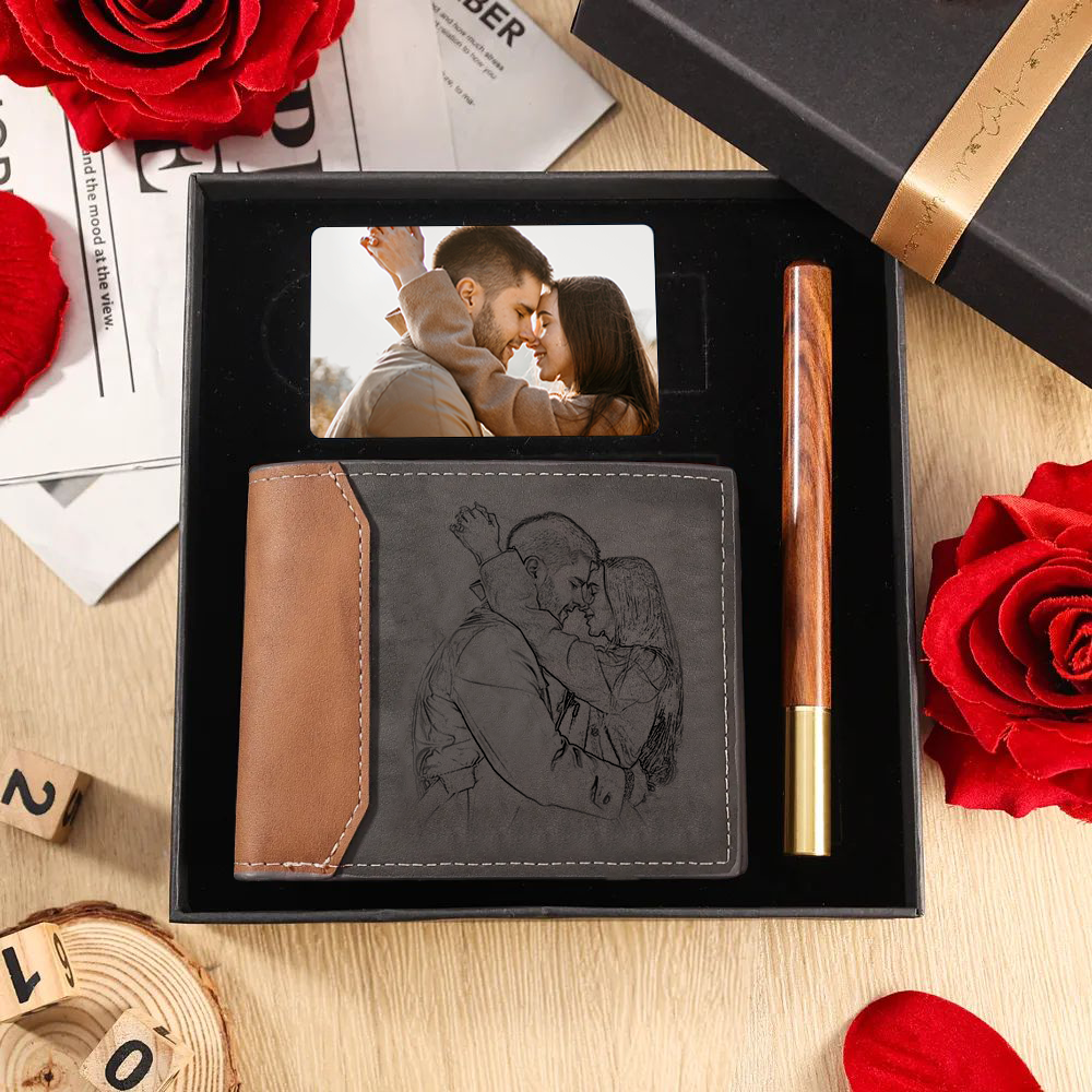 Personalized Men’s Wallet, Card & Pen Set – Custom Gift Box with Photo, Name, Letter, and Text – Valentine’s Day Gift for Him | Jessemade