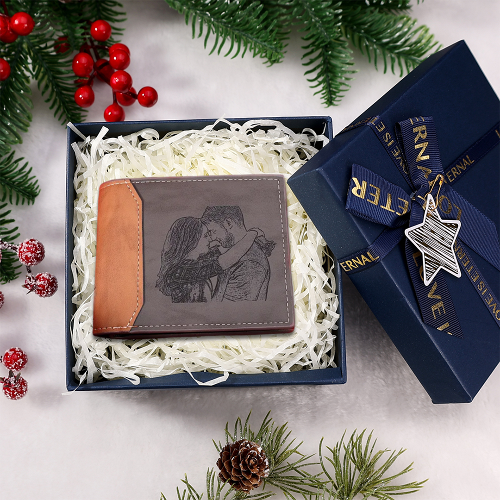 Personalized Men's Wallet Customized Photo & Name & Letter Grey Leathe