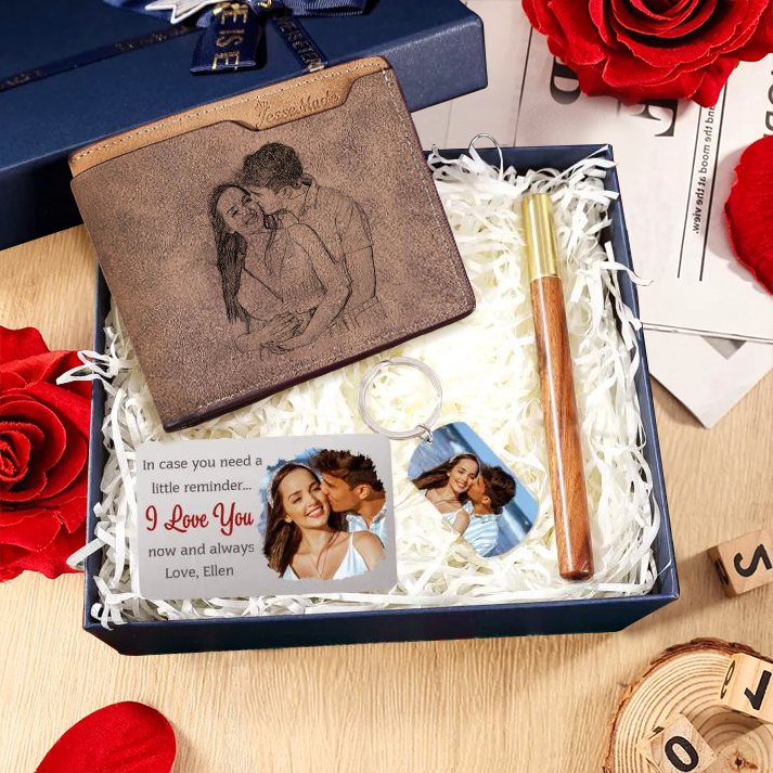 Personalized Men’s Wallet, Card, Keyring & Pen Set – Custom Gift Box w