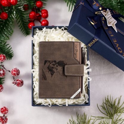 Personalized Men’s Wallet – Custom Photo & Text Couple Wallet with Blue Gift Box, Perfect Gift for Him | Jessemade