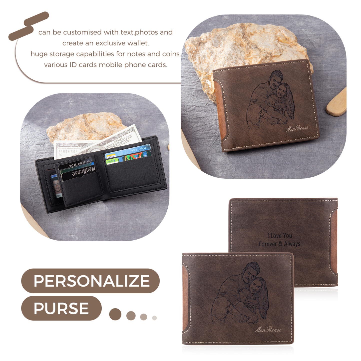 Personalised Men’s Wallet - Customized Photo & Text PU Leather Brown/Black Wallet with Gift Box, Valentine’s Day Gift for Him| Jessemade