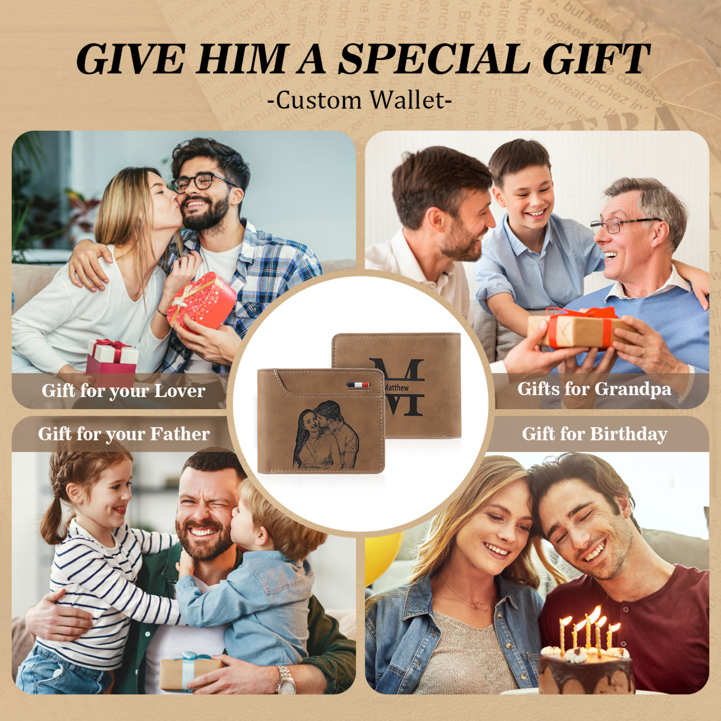 Personalized 2 Texts & 2 Photos & 1 Name & 1 Letter Gift Set Custom Wallet & Keychain & Pen Gift Box Set Gift for Dad/Grandpa | Jessemade