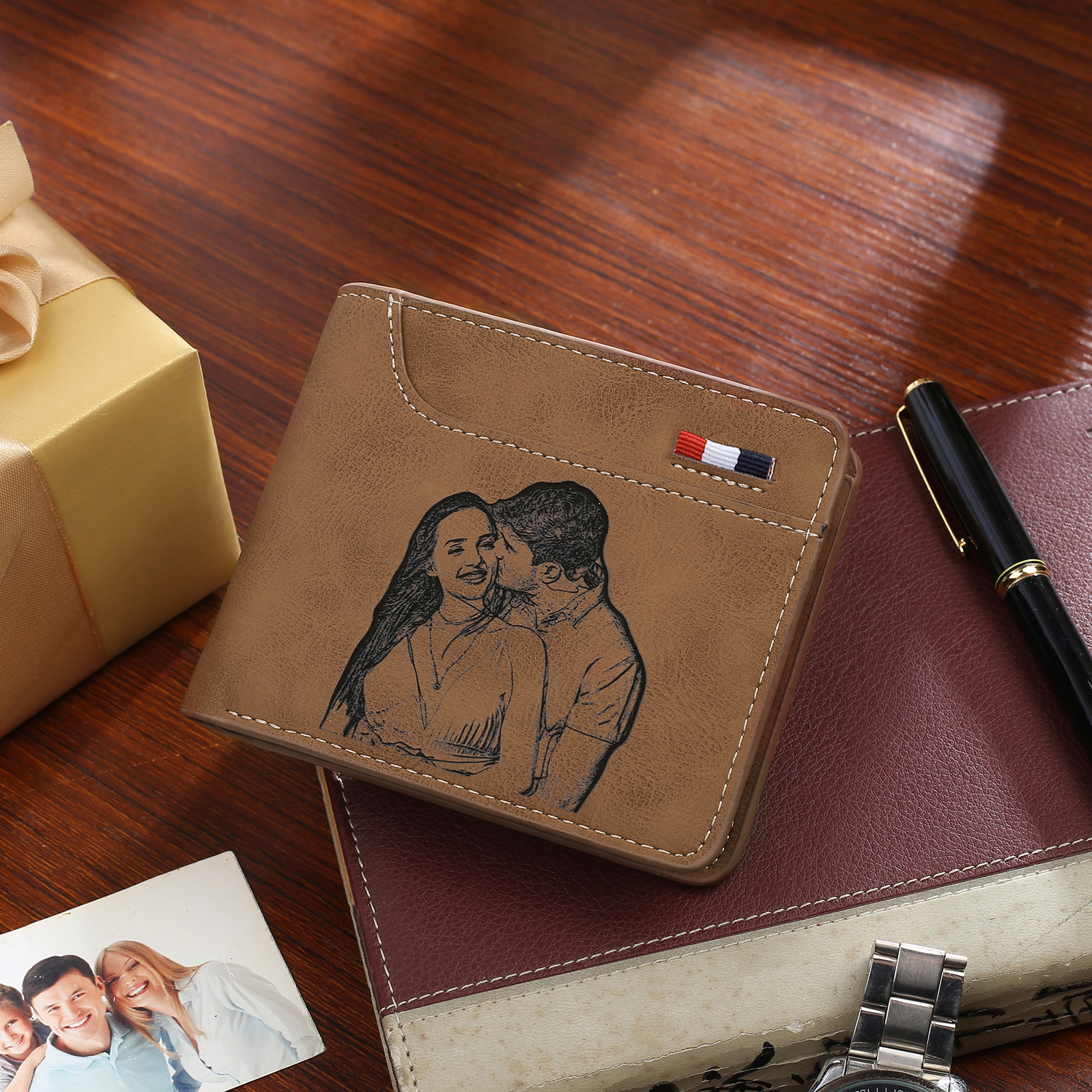 Personalized Name Leather Men's Wallet With Card Slot Engraved Letter And Photo with Gift Box Christmas Gift For Him | Jessemade