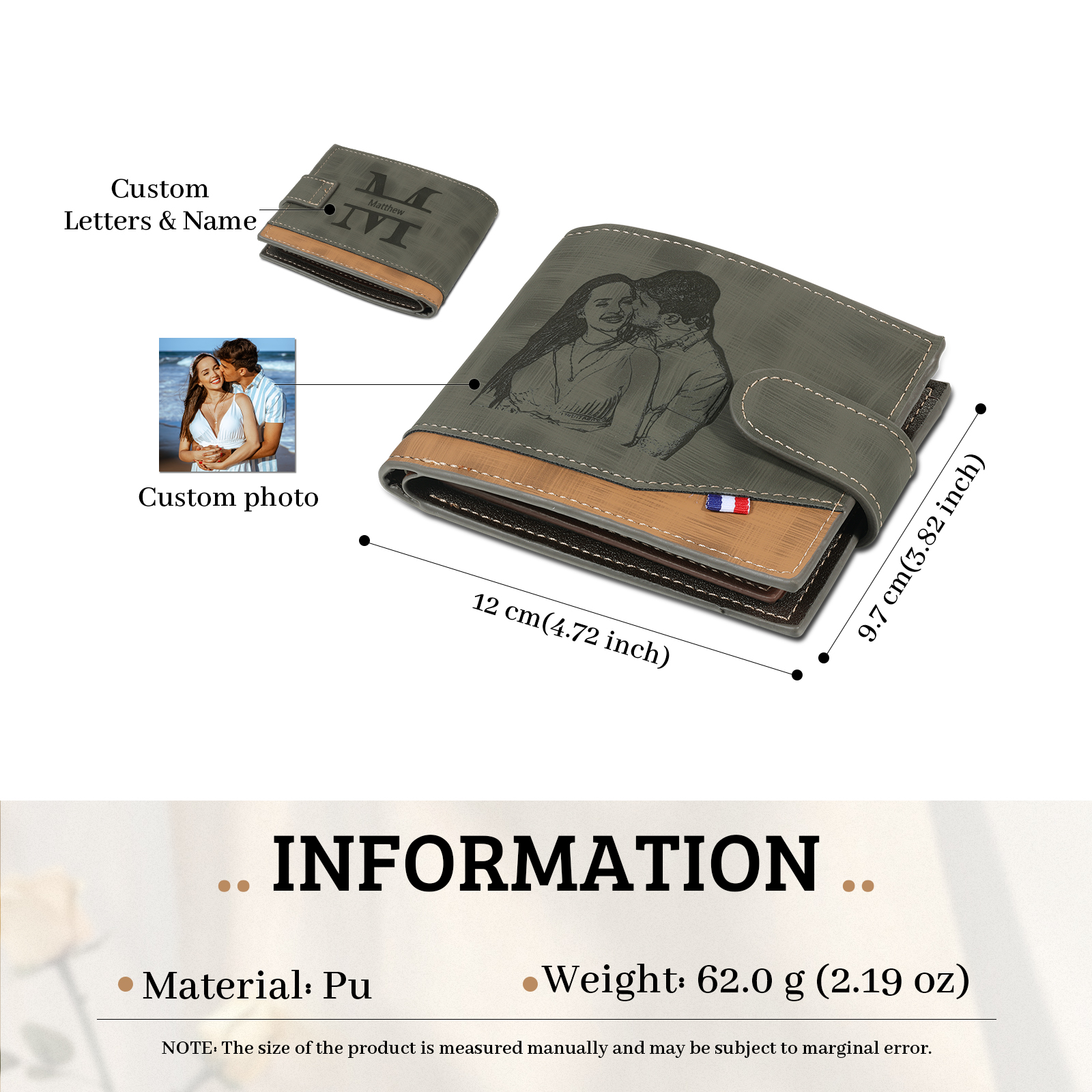 Personalised Men's Leather Wallet with Custom Photo & Name & Letter - Christmas Gift for Him | Jessemade