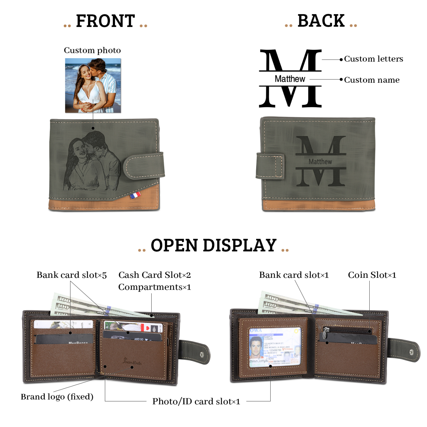 Personalised Men's Leather Wallet with Custom Photo & Name & Letter - Christmas Gift for Him | Jessemade