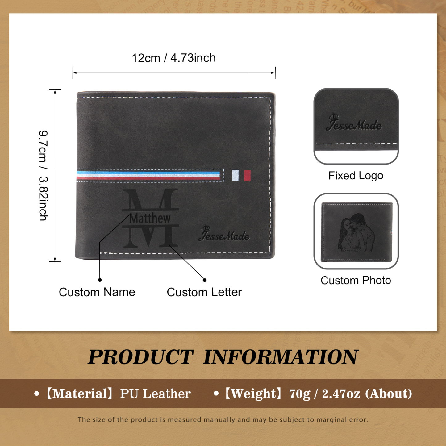 Personalized Men's Wallet with Custom Photo & Name & Letter PU Leather Wallet with Gift Box Valentine’s Day Gift for Him | Jessemade