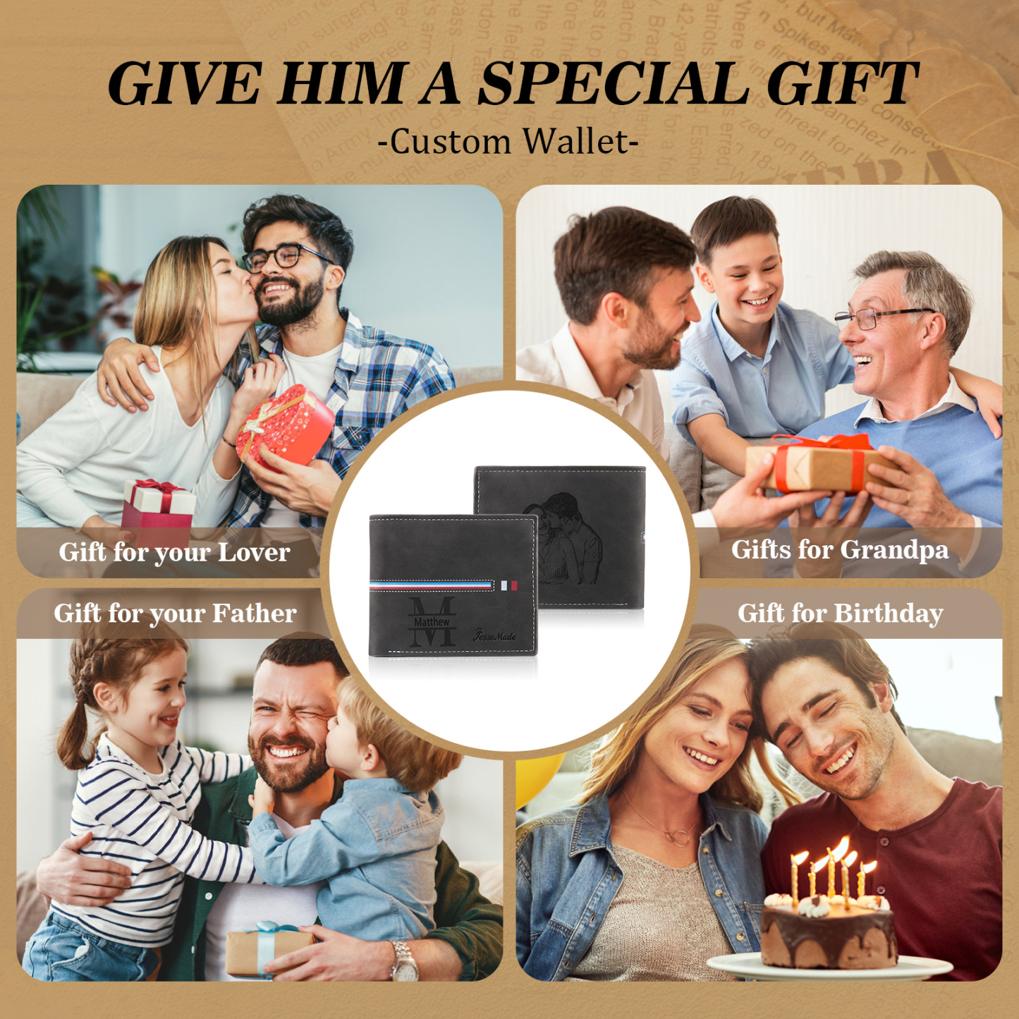 Personalized Men's Wallet with Custom Photo & Name & Letter PU Leather Wallet with Gift Box Valentine’s Day Gift for Him | Jessemade