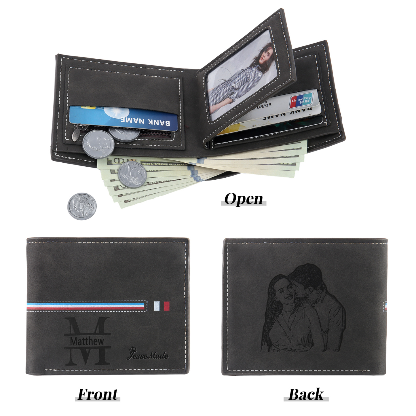Personalized Men's Wallet with Custom Photo & Name & Letter PU Leather Wallet with Gift Box Valentine’s Day Gift for Him | Jessemade
