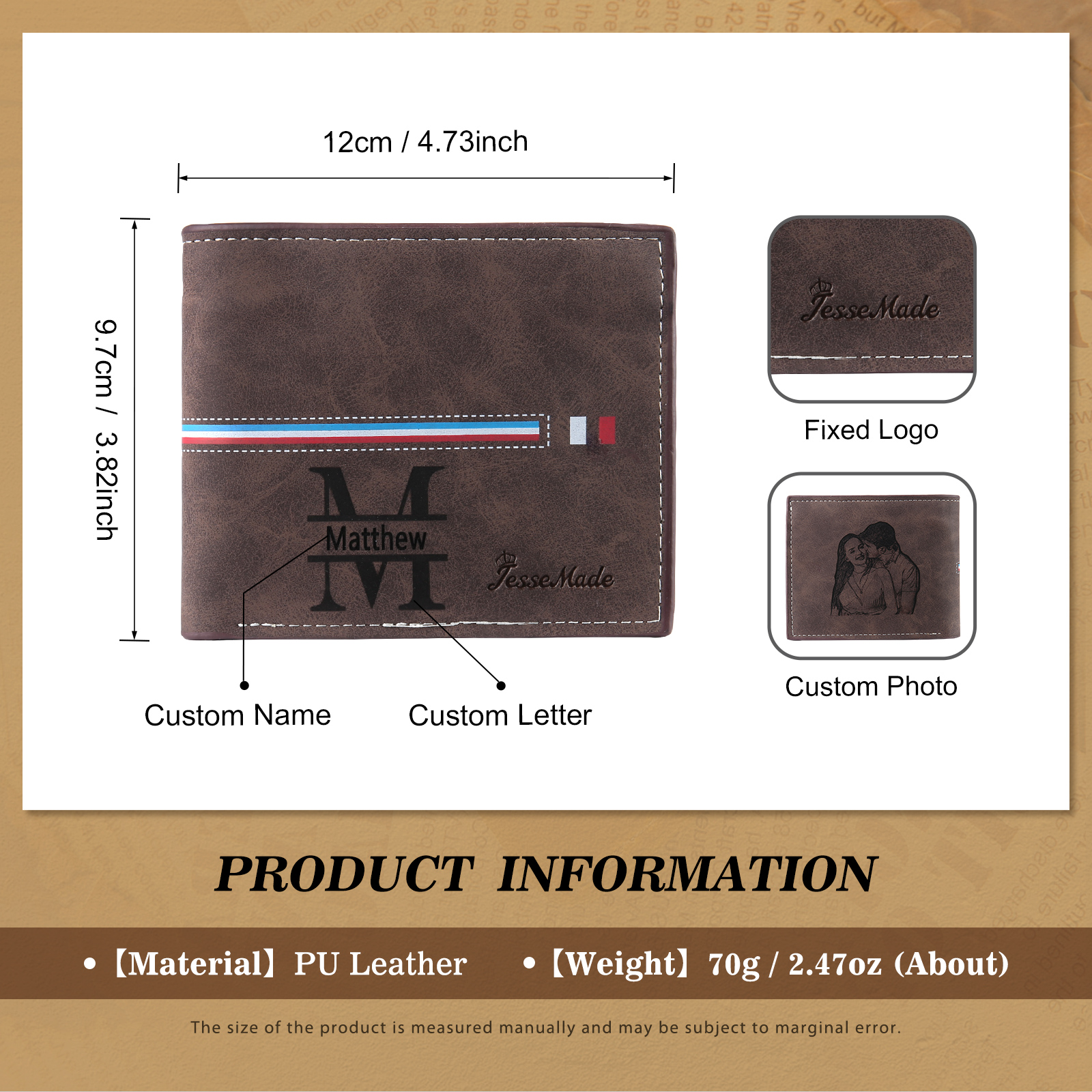 Personalized Men's Wallet with Custom Photo & Name & Letter PU Leather Wallet with Gift Box Valentine’s Day Gift for Him | Jessemade