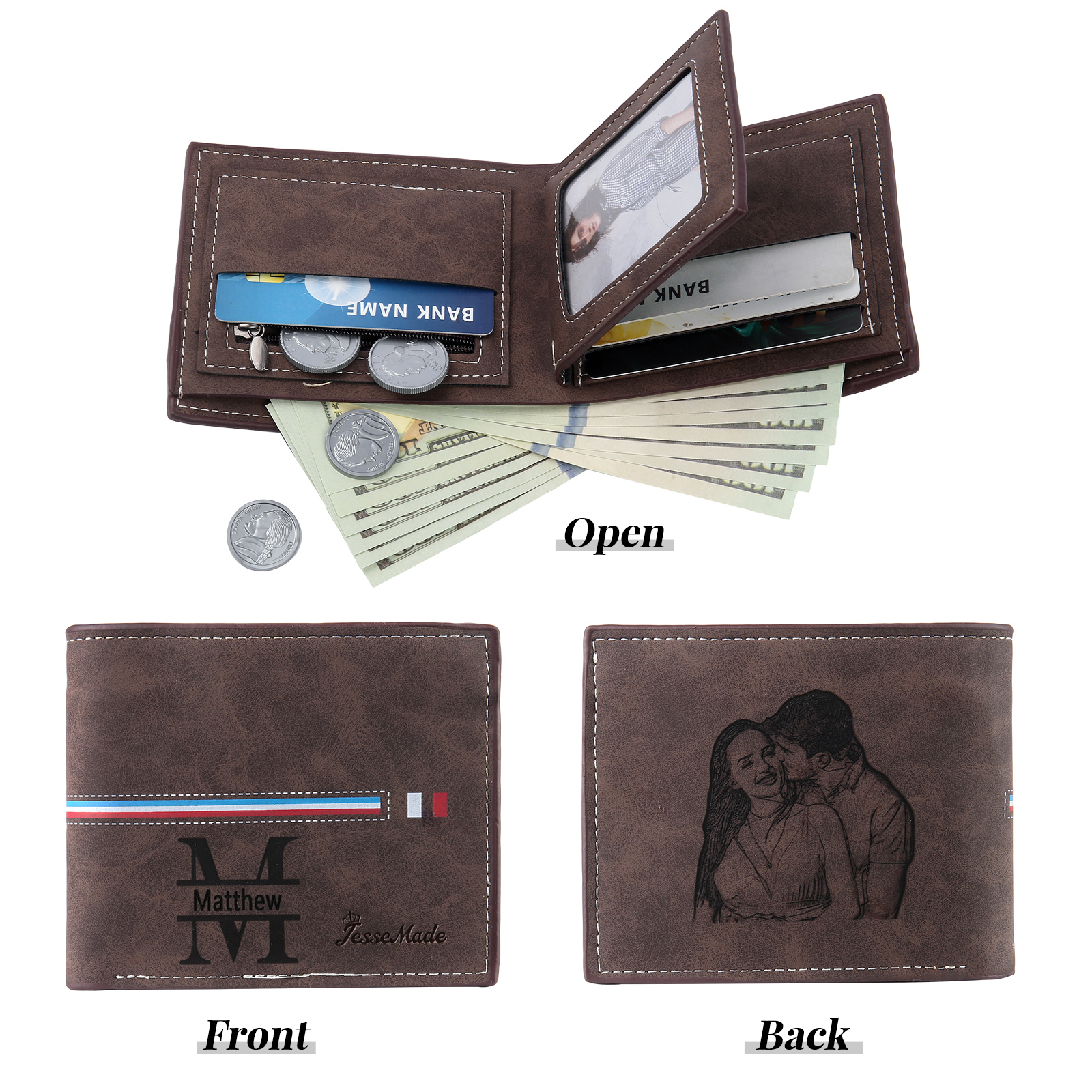 Personalized Men's Wallet with Custom Photo & Name & Letter PU Leather Wallet with Gift Box Valentine’s Day Gift for Him | Jessemade