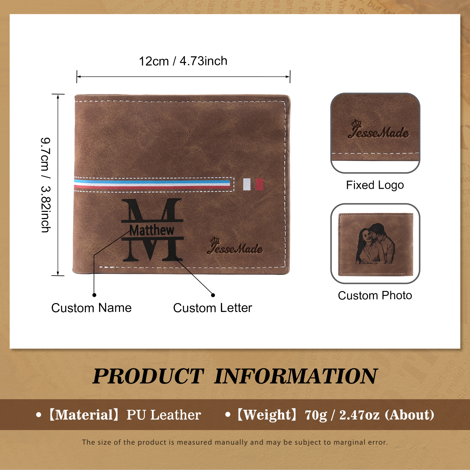 Personalized Men's Wallet with Custom Photo & Name & Letter PU Leather Wallet with Gift Box Valentine’s Day Gift for Him | Jessemade