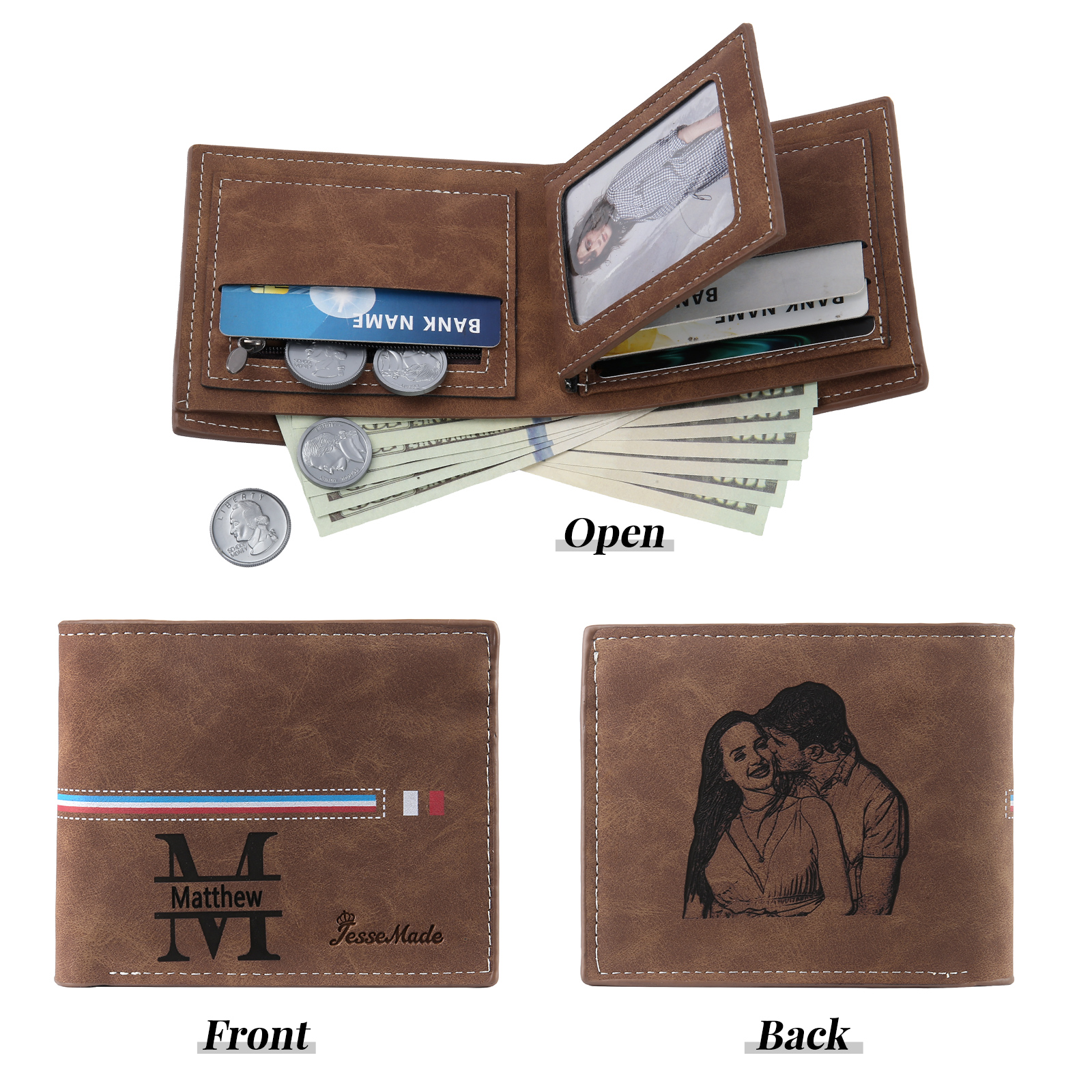 Personalized Men's Wallet with Custom Photo & Name & Letter PU Leather Wallet with Gift Box Valentine’s Day Gift for Him | Jessemade