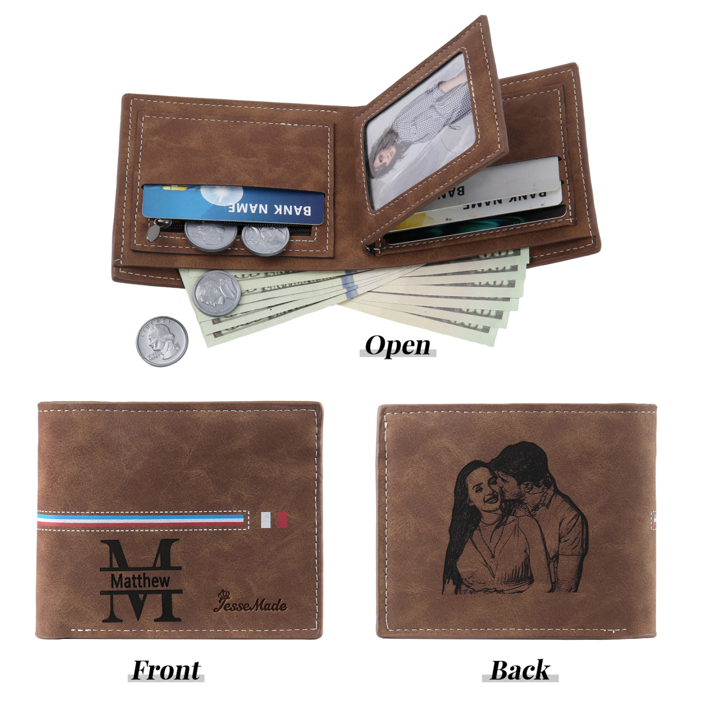 Personalized Men's Wallet with Custom Photo & Name & Letter PU Leather Wallet with Gift Box Valentine’s Day Gift for Him | Jessemade